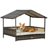 Wicker Dog House with Removable Cushion Lounge, Khaki
