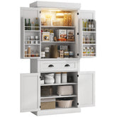 71" Kitchen Pantry Cabinet with LED Lights, 6 Door Shelves, a Drawer and 4 Adjustable Shelves, White