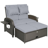 Patio Rattan Daybed, Wicker Outdoor Daybed with Storage Ottoman, Loveseat w/ Adjustable Backrest, Gray