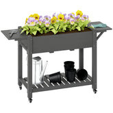 Wood Raised Planter Box, Elevated Garden Bed with Lockable Wheels, Side Tables, Bottom Shelf, Drain Holes, Gray