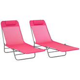 2 Piece Folding Chaise Lounge Chairs, Pool Sun Tanning Chairs with Reclining Back, Breathable Mesh Seat, Pink