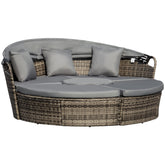 4-Piece Round Convertible Daybed with Cushions, Outdoor PE Rattan Patio Wicker Sofa Set, Sunbed with Adjustable Sun Canopy, Sectional Sofa, 2 Chairs, Table, 3 Pillows, Gray