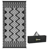 Reversible Outdoor Rug, Waterproof Plastic Straw with Carry Bag, 9' x 18', Black & White Rhombus Border