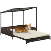 Outdoor Dog Bed, Extendable Wicker Dog Bed with Roof, Soft Cushion for Small and Medium Dogs, Mixed-Brown