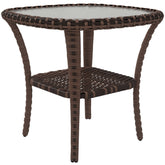 Outdoor Coffee Table with Storage Shelf, Hand-Woven Wicker Side Table with Water-Ripple Glass Top, Mix Brown