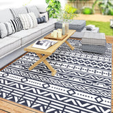 Reversible Outdoor Rug, Waterproof Plastic Straw with Carry Bag, 6' x 9', Blue & White Geometric