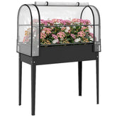 Raised Garden Bed with Flip-Up Greenhouse Cover, Metal Elevated Garden Bed with Legs and Drainage Hole, Black