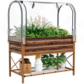 Raised Garden Bed with Legs and Cover, Metal Elevated Planter Box with Bottom Shelf and Liner for Vegetables, Brown