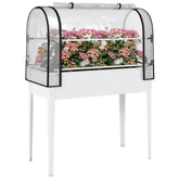 Raised Garden Bed with Flip-Up Greenhouse Cover, Metal Elevated Garden Bed with Legs and Drainage Hole, White