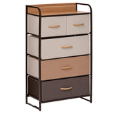 5-Drawer Fabric Dresser Tower, 4-Tier Storage Organizer with Steel Frame for Hallway, Bedroom, and Closet, Maple Wood