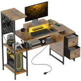 56" Computer Desk with Storage, Computer Table with Power Outlets and LED Lights, Rustic Brown