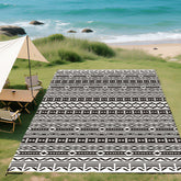 Reversible Outdoor Rug, Waterproof Plastic Straw with Carry Bag, 9' x 18', Black & White Geometric Wall