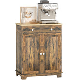 Kitchen Storage Cabinet, Sideboard Floor Cupboard with Solid Wood Top, Adjustable Shelf, and 2 Drawers, Brown