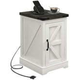 Farmhouse End Table with Storage, Side Table with Charging Station and USB Ports for Living Room, Distressed White