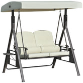 2-Person Patio Swing Bench with Adjustable Shade Canopy, Soft Cushions, Throw Pillows and Tray, Beige.