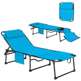 Folding Chaise Tanning Lounge Chair w/ 5-level Reclining Back, Reading Hole, Side Pocket, Headrest, Blue