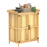 Outdoor Storage Cabinet, Garden Tool Shed with Metal Tabletop, Shelf, Wooden Potting Bench with 2 Doors, Natural Wood