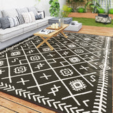 Reversible Outdoor Rug, Waterproof Plastic Straw with Carry Bag, 9' x 12', Black & Beige Rhombus