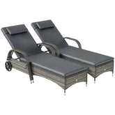 2 Reclining Chaise Lounge Chairs, Rolling Outdoor Chairs with Cushion, Pillow, Headrest, Armrests, and Wheels, Gray