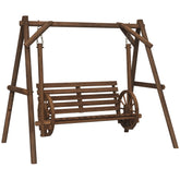 2-Seat Porch Swing with A-Frame Stand, Wooden Log Patio Swing Chair Bench with Wagon Wheel Armrests, Carbonized Brown