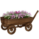 Wooden Wagon Planter Box, Mobile Garden Planter with 4 Wheels, Small Wheelbarrow Wagon Flower Cart with Drainage Hole