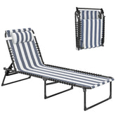 Folding Chaise Lounge Pool Chair with 4-Position Reclining Back, Pillow, Breathable Mesh & Bungee Seat, Blue & White