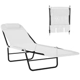 Folding Chaise Lounge Chair, Pool Sun Tanning Chair, Outdoor Lounge Chair with Reclining Back, Breathable Mesh Seat, Headrest for Beach, Yard, Patio, Cream White