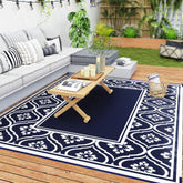 Reversible Outdoor Rug, Waterproof Plastic Straw with Carry Bag, 8' x 10', Blue & White Gourd Border