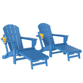 Folding Adirondack Chair Set of 2, HDPE Fire Pit Chair with Retractable Ottoman and Cup Holder, Blue