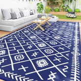 Reversible Outdoor Rug, Waterproof Plastic Straw with Carry Bag, 9' x 18', Blue & White Rhombus