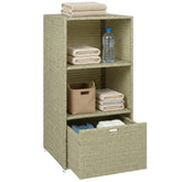 Valet Pool Towel Rack, Water-Resistant PE Plastic Rattan Wicker Storage Organizer, 2 Shelves, 1 Basket Drawer