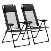 Folding Patio Dining Chairs Set of 2, Outdoor Deck Chair with Adjustable Sling Back, Camping Chair with Removable Headrest for Garden, Backyard, Lawn, Black