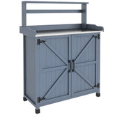 Outdoor Wooden Potting Bench with Storage Cabinet, Shelves, Galvanized Plated Tabletop for Backyard, Balcony, Gray