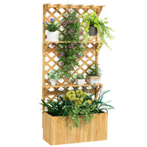 Raised Garden Bed, Wooden Planter with Trellis, Hanging Roof, Plant Shelf, Drainage Holes and Bed Liner, Natural