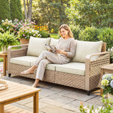 Rattan Wicker Sofa 3-Seater Outdoor Patio Sofa with Cushions for Garden Backyard Porch Beige