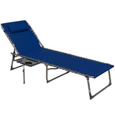 Folding Outdoor Chaise Lounge Chair Tanning Chair with 5-Level Adjustable Back, Side Table, Pillow, Pocket, Dark Blue
