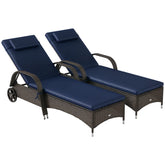 2 Reclining Chaise Lounge Chairs, Rolling Outdoor Chairs with Cushion, Pillow, Headrest, Armrests, and Wheels, Dark Blue