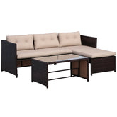 3 Piece Patio Furniture Set, Rattan Outdoor Sofa Set with Chaise Lounge & Loveseat, Soft Cushions, Tempered Glass Table, L-Shaped Sectional Couch, Beige
