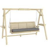 3 Seat Wooden Porch Swing with Stand, Patio Swing with Cushion, for Garden, Poolside, Backyard, Natural Wood