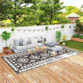 Reversible Outdoor Rug, Waterproof Plastic Straw with Carry Bag, 9' x 18', Black & White Rhombus Patchwork