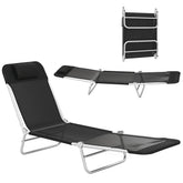 Folding Chaise Lounge Chair, Portable Tanning Chair with Adjustable Backrest, Pillow for Beach Poolside Patio, Black