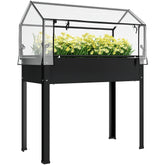 Elevated Garden Box with Greenhouse Cover, Raised Garden Bed with Legs and Drainage Hole for Vegetables, Black