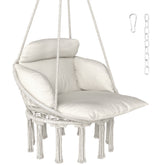 Hammock Swing Chair, Macrame Hanging Chair with Large Cushion, Chain, Steel Frame for Indoor Outdoor Use, Cream White