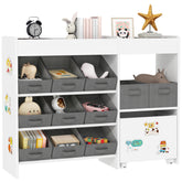 Kids Toy Storage Organizer with 11 Bins, Moveable Cabinet, Top Shelves, 3 Stickers, for Nursery, Playroom, White