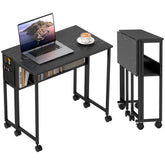 Folding Computer Desk, Foldable Desk with Storage Bag, Shelf and Wheels for Small Spaces, Home Office, Black
