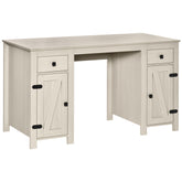 Farmhouse Computer Desk with Storage, Home Office Desk with 2 Drawers and 2 Cabinets, Cream White