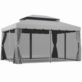 10' x 13' Patio Gazebo w/ Aluminum Frame Double Roof, Outdoor Gazebo Canopy Shelter with Netting & Curtains, Gray