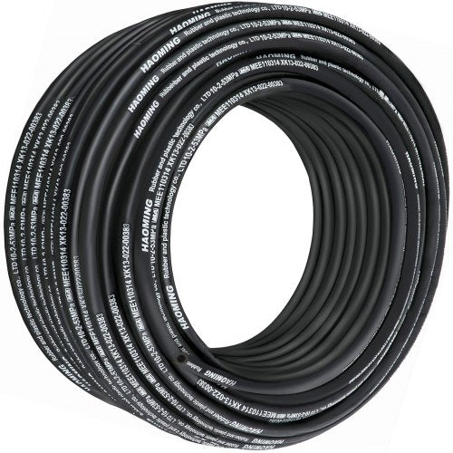 Bostome 3/8" hydraulic hose in black, 328ft long with steel wire braid for high pressure use.