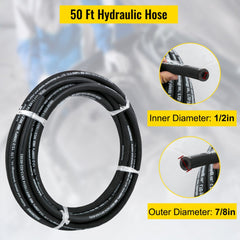 Black 50ft hydraulic hose with 1/2" ID and 2-wire braid, rated for 5000 PSI pressure.