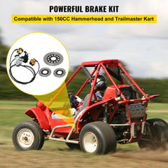 Red go-kart with hydraulic brake kit including master cylinder, calipers, and hoses.